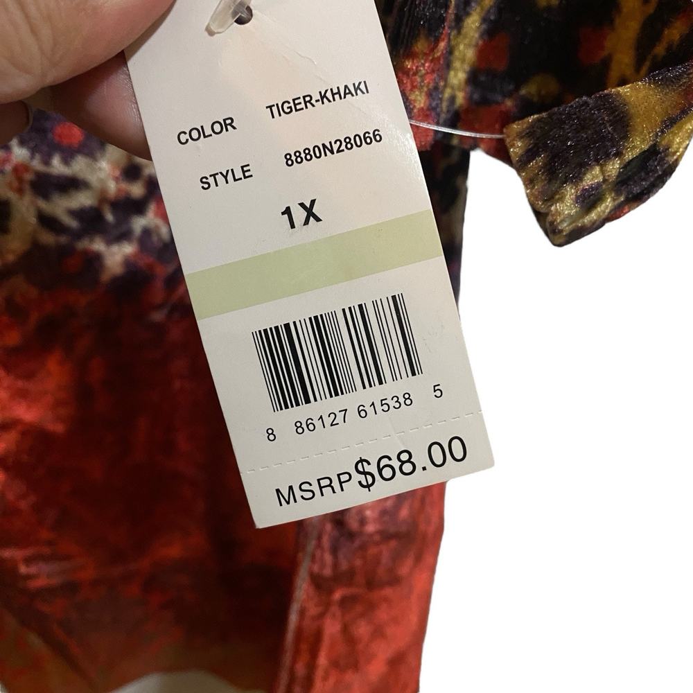 One World NEW $68 Top Woman 1X Boho Hippie Velvet Whimsigoth Tiger Khaki Blouse - Picture 4 of 7